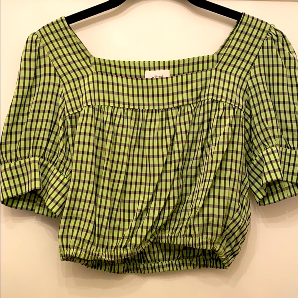 Elastic bottom cross madras top, green and Grey